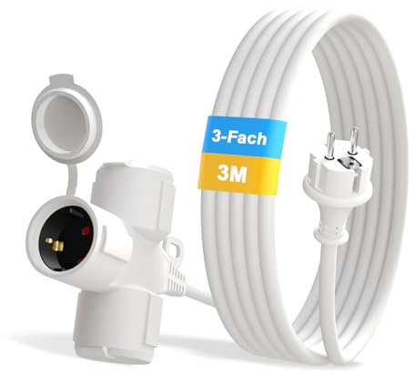 YIDE Verlängerungskabel Outdoor 3m mit 3 Schuko-Steckdosen mit Schutzkappe - 3-Fach Gummi Verlängerung Verteilerkabel - für Innenbereich Außenbereich IP44 - Baustellen Stromkabel außen 3500W - weiß