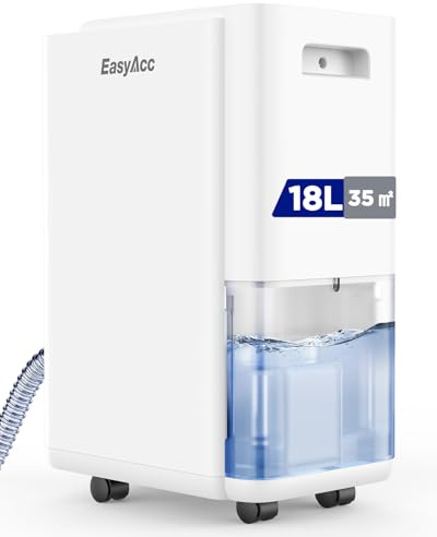 EasyAcc Bärbar Avfuktare Tyst 38dB, 18L/dag, med Torkning och Timer/Slang för Sovrum, Badrum, Källare (20-35㎡)