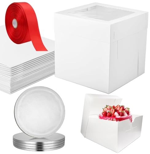 5 Pack Cake Boxes 10 inch with Silver Cake Boards and Red Ribbon, Paper Bakery Boxes 10x10x10 inches Cake Box with Window Pastry Boxes for Cakes, Pastries, Cookies, Strawberries, Donuts, Pies