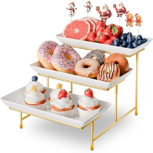 lomonmen Etagere 3 Tiers with 30 x 15 cm Serving Plate, 3-Tier Tray Serving Tray with Together Folding Sturdier Metal Shelf, Buffet Party Accessories for Food Display Fruit Dessert Cupcakes