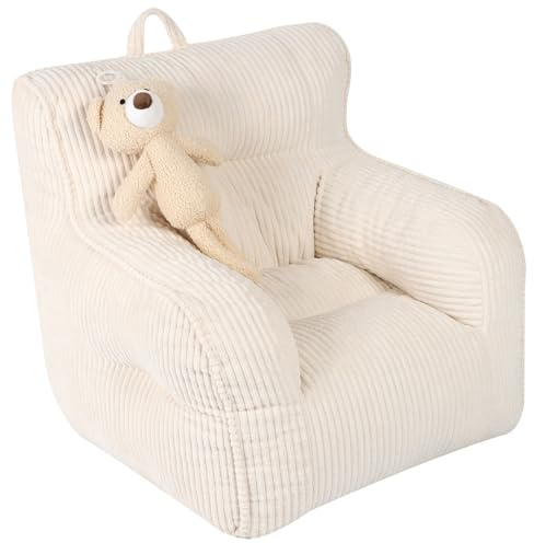 BestRoyal Kids Bean Bag Chair with a Plush Bear, Comfy Toddler Chair, Beige