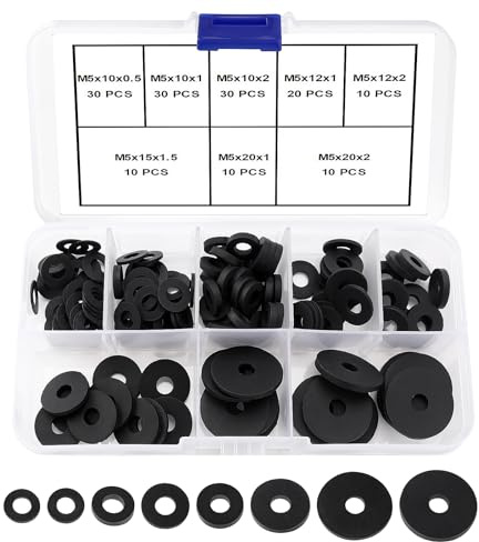 YIXISI 150 Stücke M5 Silikon Flache Unterlegscheiben Sortiment Kit, Dichtungs Silikon Unterlegscheiben, für Schrauben/Wasserhähne/Gartenschlauch, Schwarz