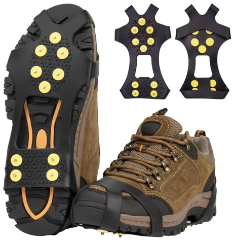 Ice Grips for Shoes and Boots, 10-Stud Non Slip Gripper Spikes Ice Traction Cleat, Removable Snow Shoe Spikes, Universal Crampons Cleats Traction for Snow, Winter Hiking Climbing Fishing, UK 4-6