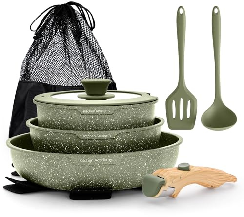 DishDelight 10pcs Pots and Pans Sets Non Stick Granite Induction Hob Pan Set with Detachable Handle Frying Pan Stackable RV Cooking Set for Camping Nonstick(Green)