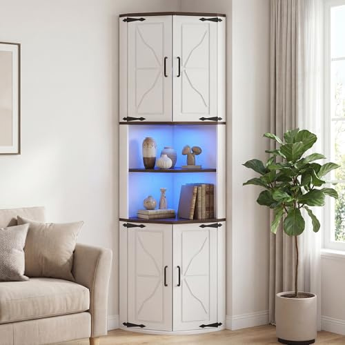 Eckschrank, Küchenschrank Hoch, LED Badezimmerschrank Schmal, Eckregal mit 4 Türen und 6 Ablageflächen, 165cm Aufbewahrungsschrank Holz, Hochschrank Buffetschrank für Küche, Wohnzimmer, Esszimmer