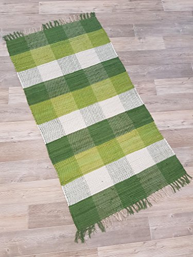 Kottig Fleckerlteppich Handweb Fleckerl Teppich ULM 80x160 cm 100% Baumwolle Karo grün