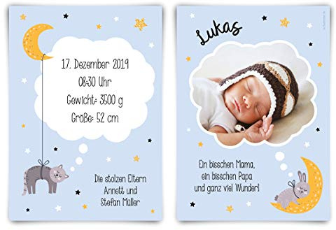 10 x Geburtskarten Babykarten individuell für Junge oder Mädchen - Mondkatze Blau