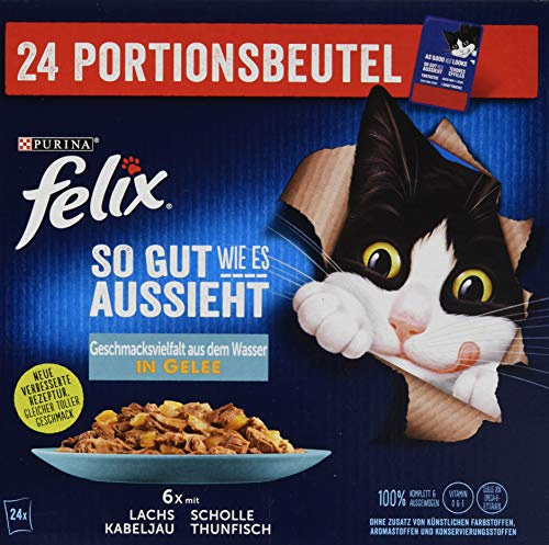 Felix Comida húmeda para Gatos So gut wie es mira en gelatina Sabor Variedad del Agua, Paquete de 1 Unidad (24 x 85 g) Bolsa de porciones
