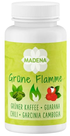 MADENA Grüne Flamme | hochdosiert in Apothekenqualität | Grüner Kaffee Extrakt Guarana Konjakwurzel Garcinia Cambogia + Chili Extrakt L-Carnitin 100 Kaps.