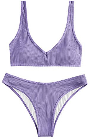 ZAFUL Damen Bikini Set Push up Gepolsterte Gerippt Textured V-Ausschnitt High Cut Zweiteiler Badeanzug Bademode (Violett,S)