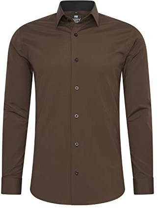 Rusty Neal Camisa para hombre Premium Slim Fit de manga larga elástica gris con cuello Kent para negocios y ocio Talla M, marrón, 3XL