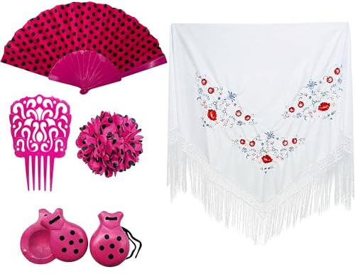 Carnavalife Flamingo Zubehör Set für Damen, Schal mit Flamingo-Blumen, Sevillana für Tanzparty, traditionelle Haarklammern, Fächer im Flamingo-Design (fuchsia/weiß)