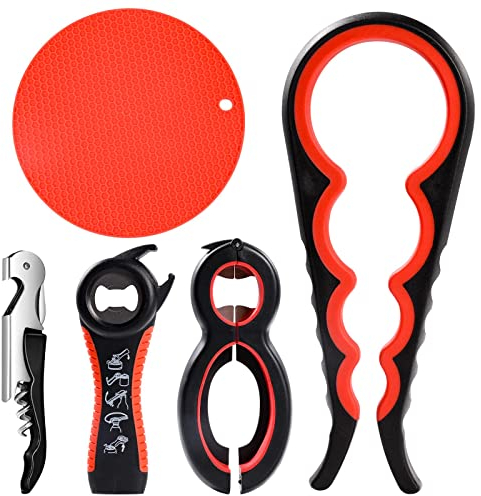 Jar Opener for Weak Hands - 5 Pack Bottle Openers for Arthritis, Can Openers for Arthritic Hands, Top Gadgets Disability Aids and Equipment for Kitchen (Red)