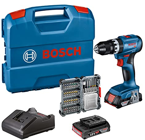 Bosch Professional 18V System Akku Schlagbohrschrauber GSB 18V-45 (Drehzahl 1.900 min⁻¹, inkl. 2x 2.0Ah Akku, Zubehöre, GAL 18V-20, L-Case) – Amazon Exclusive