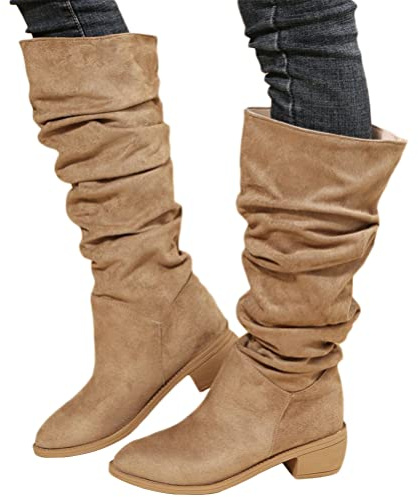 Onsoyours Stivali in Pelle Scamosciati da Donna con Tacco Grosso in Camoscio Stivali a Punta Stivali da Cavaliere Plissettati con Zeppa Autunno e Inverno A Cachi 35 EU