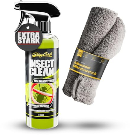 ShinyChiefs INSEKTENENTFERNER Set - Auto Insektenreiniger - 500ml | mit extremer Reinigungskraft und Kriechvermögen - Insektenlöser für Scheiben und weitere Oberflächen, mit Mikrofasertuch