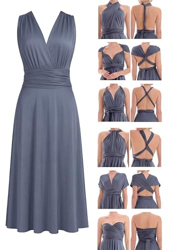 Juvell Infinity-Kleid kurz - Brautjungfernkleider Midi - Infinity Dress - Hochzeit - Elegantes Cocktailkleid-Abendkleid-Abschlussball - 1100 (34-38, Grau-Blau)