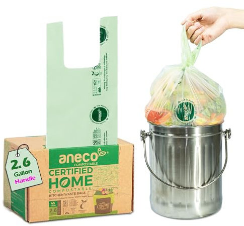 ANECO 100% Compostable Food Waste Bags 2.6 Gallon With Handles, Small Compost Bags for Countertop Bin, OK Compost HOME & BPI Certified Compostable Kitchen Food Waste Bag (45 Count)