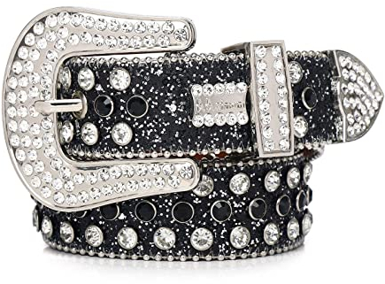 DASJD Bling Strass Gürtel, Nieten Western Cowgirl Nietengürtel, Cowboy Nieten Ledergürtel für Jeans, Hosen,Schwarz,115cm/45.3in
