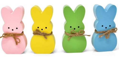 Easter Decorations, Himmel 4PCS Peeps Decor, Easter Wooden Signs for Tiered Tray, Easter Table Decorations Rustic Freestanding Tabletop for Indoor Gift and Dinning Room