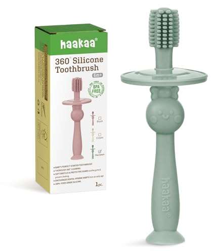 haakaa 360° Baby Toothbrush with Suction Base - Gentle Cleaning for Infant Self-Brushing Training, Food-Grade Silicone, Adjustable Safety Shield - Pea Green (1 Piece)