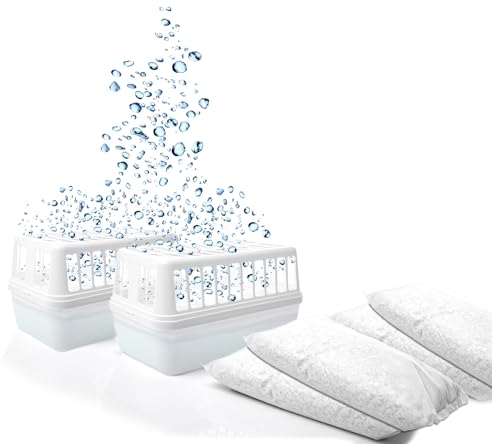 BigDean 2 Stück Luftentfeuchter + 4x 1,2kg Luftentfeuchtergranulat Nachfüllpack – Feuchtigkeits-Stopper nachfüllbar + wiederverwendbar – Luftentfeuchterbox ohne Strom