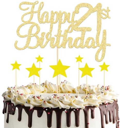 8 Pcs Gold Happy 21st Birthday Cake Topper Set - 1 Main Topper and 7 Star Cupcake Toppers, Glitter for Anniversary Party Supplies