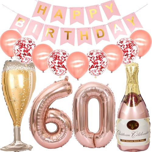 Feelairy Luftballon 60. Geburtstag Deko Frau, Rosegold Folienballon Weinflasche Sektflasche Helium Ballon Champagner Flasche, Girlande Happy Birthday Deko für Geburtstagsdeko 60 Jahre Frauen