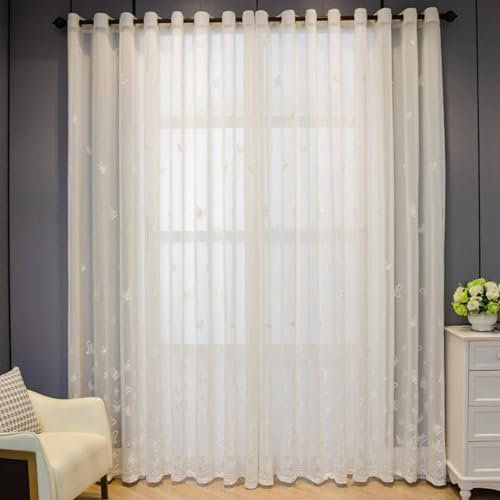 Gardinenschals 2er Set Weiß, Vorhänge Halbtransparent Schlaufen 137x183CM Nordisch Jacquard mit Schmetterlinge Muster Lichtdurchlässige Gardinen Baumwolle SchiebeVorhänge Wohnzimmer