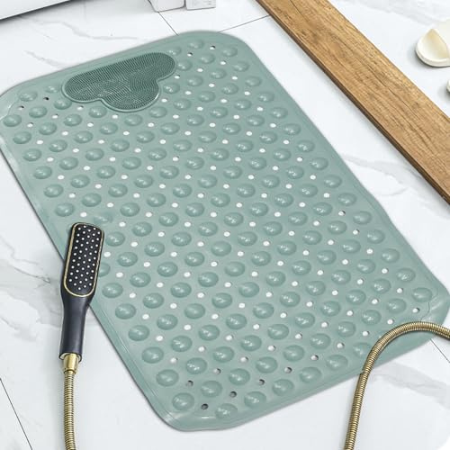 Shower Mat with Foot Massage Pad - Non Slip Bathtub Mat with Strong Suction Cups and Drain Holes – Quick Dry Bath Matts for Elderly & Kids Bathroom, Green - 40 x 70 cm
