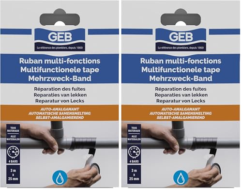 GEB Ruban souple multifonction anti-fuites auto-amalgamant pour colmater canalisations et tuyaux - 3 m x 25 mm (Lot de 2)
