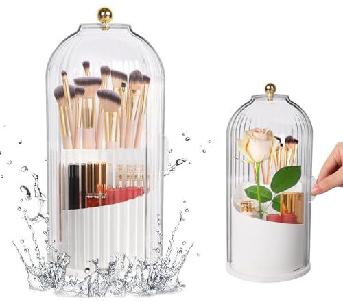 Figarge Makeup Pinsel Organizer 360° Drehbarer Kosmetik Organizer mit Deckel, Schminke Organizer Staubdicht Pinselhalter für Schlafzimmer und Badezimmer Schminktische (Weiß)