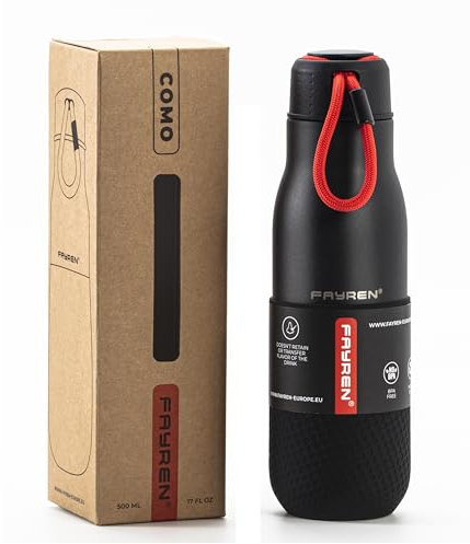 FAYREN Edelstahl Trinkflasche 500ml Thermosflasche mit Silikon-Schutz COMO Vacuum-Isolierflasche, BPA-frei, 100% Auslaufsicher Sport, Outdoor, Büro, Arbeit, Freizeit (Black)