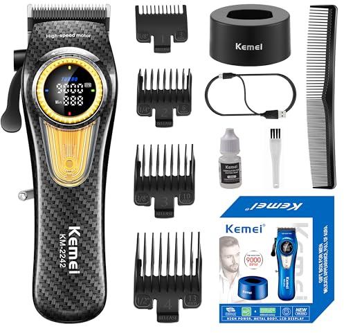 KEMEI 2242 Cortapelos profesional para hombres, cortadora de pelo inalámbrica con pantalla LED y base de carga, herramientas de corte de cabello, motor de súper par de 9000 rpm, negro