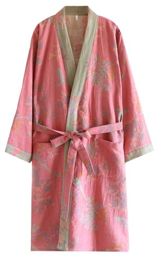 Cotton Double Gauze Traditional Hanfu Midi-length Nightdress Printing Tie-belt Bathrobe Loose Pajamas Comfortable Nightgown Sweat Steaming Yukata Sauna Suit Sleepwear Kimono for Women Large(Pink Bird)