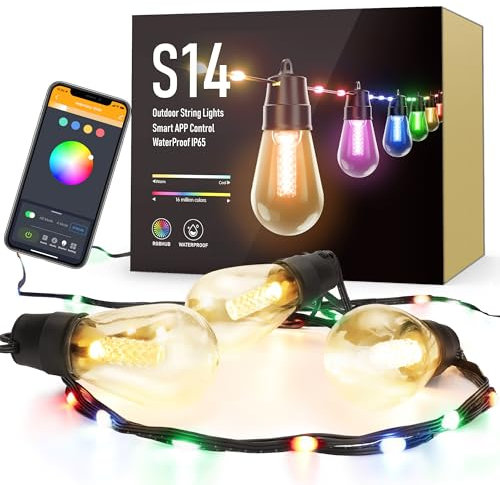 Flacchi Smart Outdoor Patio Lights - 46ft Smart S14 Christmas String Lights, Waterproof Shatterproof Bluetooth APP Remote Control Dimmable for Balcony, Backyard, Party, Holiday (RGB & Warm White)
