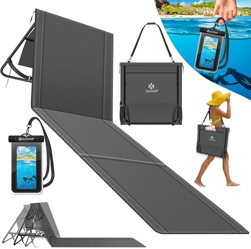 KESSE® Vikbar strandmatta med justerbart ryggstöd – vikbar strandstol med bärrem och vattentät väska – solstol för strand, trädgård och terrass kan belastas 130 kg