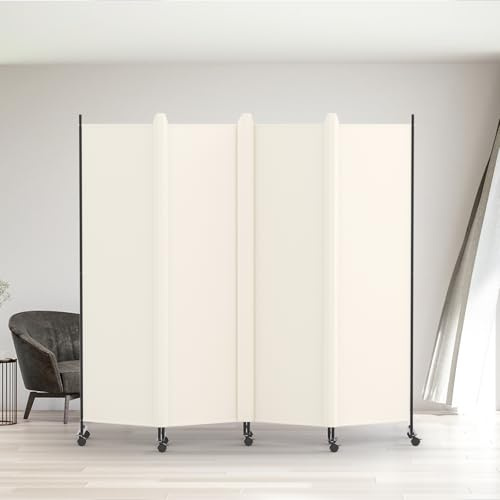Kokorona 4 Panel Room Divider, 6FT Tall Rolling Privacy Screen with Lockable Wheels, Folding Wall Dividers Portable Room Divider for Room Separation, Included - Cover Strips, Beige, W 223.5 x H 178 cm