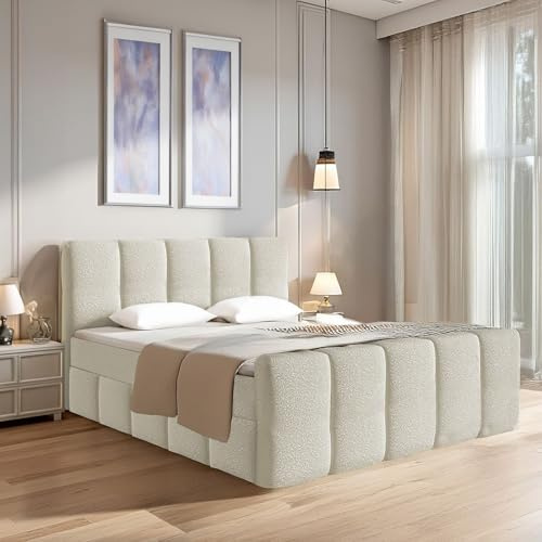 Juskys® Boxspringbett Manitoba 180 x 200 cm - Modernes Design mit Bouclé-Stoff, Gepolstertes Kopfteil, Inkl. Topper - Beige