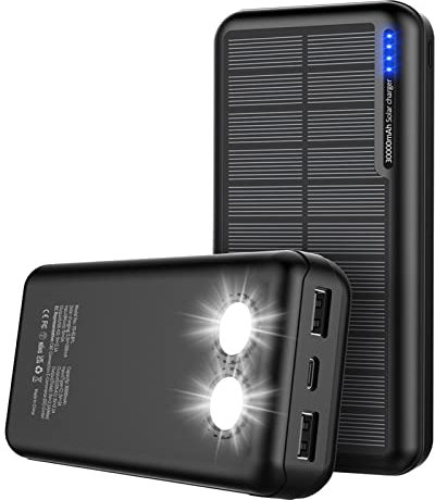 Power Bank Caricabatterie Solare 30000mAh, Caricabatterie Solare Portatile per Telefono, Batteria Esterna Solare ad Alta Capacità per Smartphone, ed Escursionismo, Campeggio