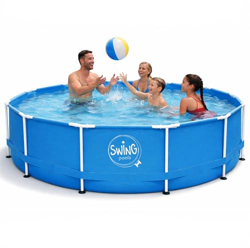 HAF - Swing Frame Pool rund Blau (Ø 366 cm, 91 cm tief) - Gartenpool mit 8.300 Liter - Robust, UV-geschützt & korrosionsbeständig - Stabiler Metallrahmen - Schnellaufbau ohne Werkzeug - inkl. Skimmer