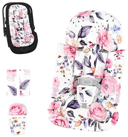 GFU Inserto de asiento de coche infantil con 3 fundas de correa, 3 en 1 reversible floral para asiento de coche para recién nacido, cojín suave 3D para asiento de coche para bebés prematuros a bebés