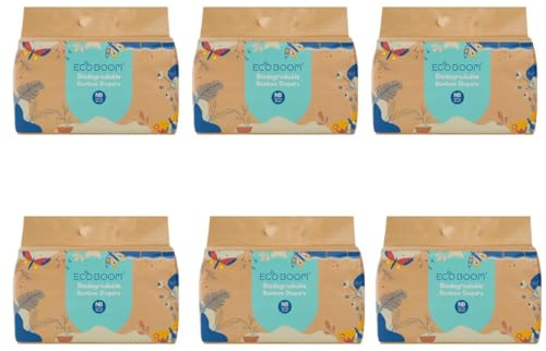 ECOBOOM Öko-Windel aus Bambus, 70 % biologisch abbaubar, hypoallergen (Größe 1/NB < 3 kg, Packung mit 6 Beuteln, insgesamt 204 Pads)