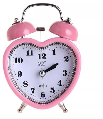 WUZIA Pink Alarm Clock Portable Twin Bell Heart-Shaped Silent Quartz Movement with LED Nightlight, 12x8x6 cm