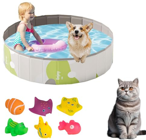 Hundepool Faltbar, Verdicketes Hundeplanschbecken Für Hunde 100 X 30 cm, Anti-Rutsch-Platten, Schnelle Entwässerung, Hundebadewanne Mit Badebürste, Schwimmbecken Kinder (Grau,100cm)