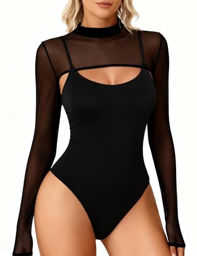 Avidlove Bodysuits for Women Long Sleeve Thong Bodysuit Sexy Mesh Shrug Top Sheer Leotard Shirt Black XS