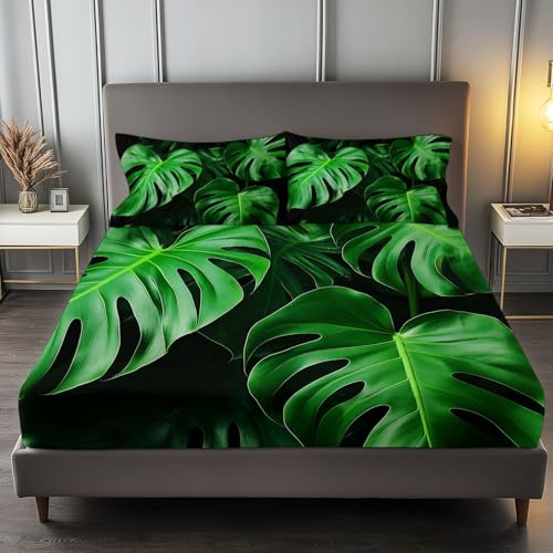 Dark Green Fitted Sheet for Kids – Girls & Boys, surrealism leaves monstera leaves Bed Sheet, Small Double Easy Care Soft Brushed Microfiber Bedding, Fitted Sheets 120 x 200 x 30 cm Deep