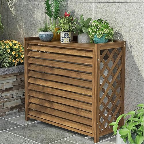 Holz-Klimaanlagenabdeckung für Außengeräte, geteilte AC-Abdeckungen, Blumentopfstütze mit Fensterläden, wetterfest, AC-Einheit, Schutz, stilvolle Outdoor-Dekoration.