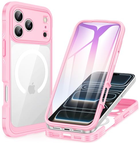 CENHUFO Magnetica Cover iPhone 17 Pro Max [Compatibile con Magsafe] Integrata 9H Vetro Temperato Schermo e Protezione Fotocamera, Custodia Antiurto 360 Gradi Fronte Retro Doppia Faccia Case - Rosa