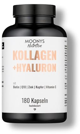 MOONYS® Kollagen Hyaluron Komplex – 180 Kapseln – Beauty Support mit 100mg Hyaluronsäure, Biotin, Zink, Kupfer, Q10 & Vitamin C – Für Haut, Haare & Nägel – Premium Collagen Typ 1 & 3 – Laborgeprüft